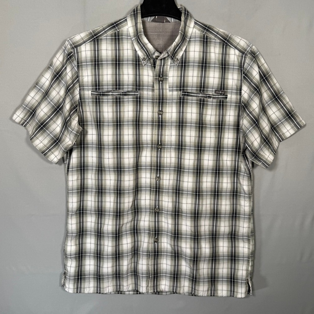 Eddie Bauer Mens Grey Plaid Short Sleeve Button Down Shirt Medium Hiking Mesh - Picture 1 of 8